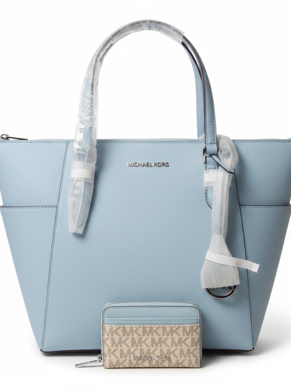 BUNDLE Michael Kors Leather Charlotte Vista Blue Large Purse & Matching Wallet